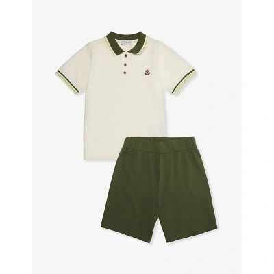 Moncler Boys Bright Green Kids Brand-patch Contrast-stripe Two-piece Cotton-piqué Set 4-14 Years