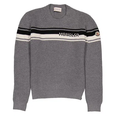 Moncler Kids'  Boys Grey Waffle Knit Wool Logo Sweater In Gray