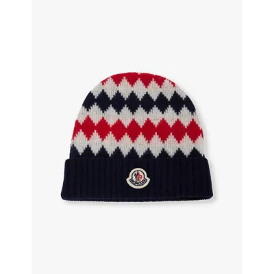 Moncler Boys Medium Blue Kids Brand-badge Geometric-pattern Brushed Wool Knitted Beanie