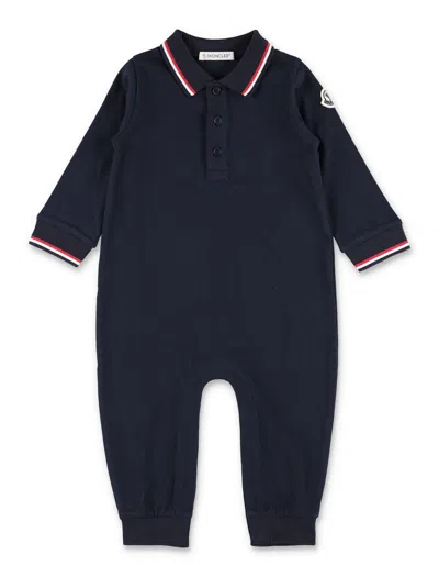 Moncler Boys Stretch Cotton Piqué Polo Romper With Ribbed Collar & Tricolor Trim In Blu