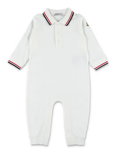 Moncler Boys' Stretch Cotton Piqué Romper With Ribbed Polo Collar & Logo Patch In Bianco