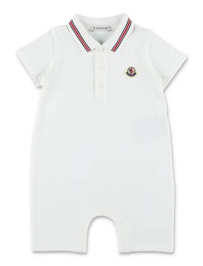 Moncler Kids'  Boys' Stretch Cotton Piqué Romper With Ribbed Polo Collar & Logo Patch In White