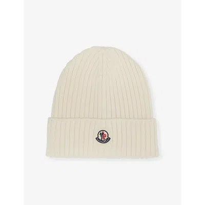 Moncler Boys White Kids Brand-patch Ribbed Wool-knit Beanie Hat 4-10 Years