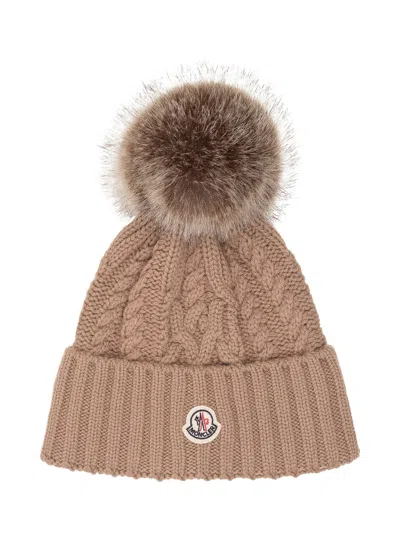 Moncler Braided Knit Beret With Pompon In Cammello