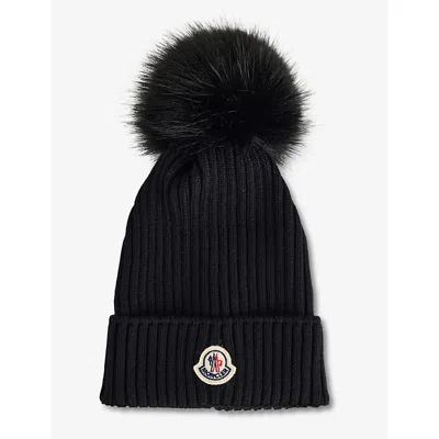 Moncler Kids' Black Brand-badge Ribbed Wool Knit Hat