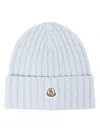 MONCLER MONCLER BRIGHT BLUE RIBBED WOOL BEANIE WITH LOGO