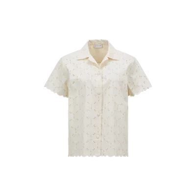 MONCLER BRODERIE ANGLAISE SHORT SLEEVE SHIRT, WOMEN, WHITE, SIZE: 44