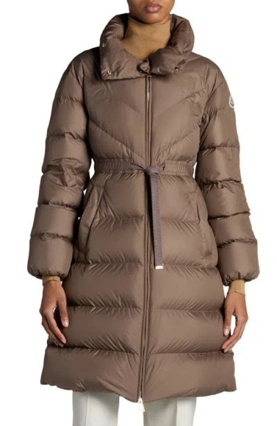 Moncler Brou Long Down Coat In Beige