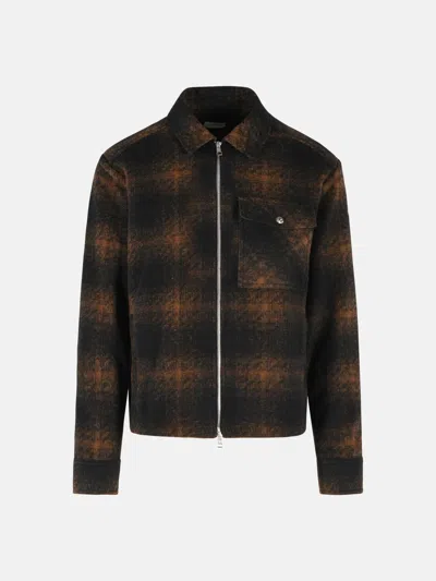 Moncler Brown And Black Check Wool Blend Jersey Zip Shirt In Animal Print