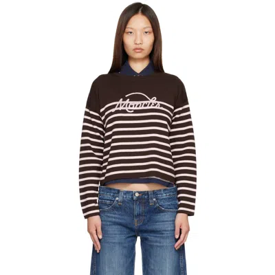 Moncler Medium Beige Striped Logo Knit Sweater In Brown