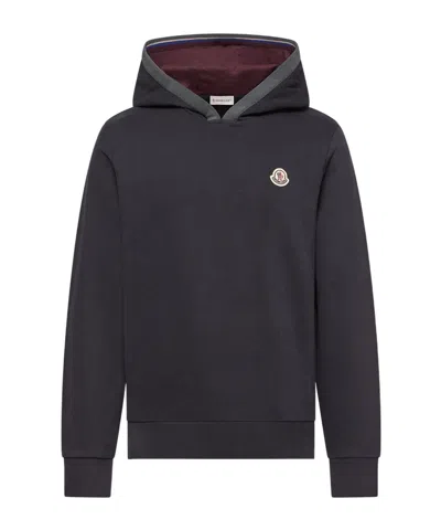 Moncler Brushed Cotton Logo Hoodie In Blue