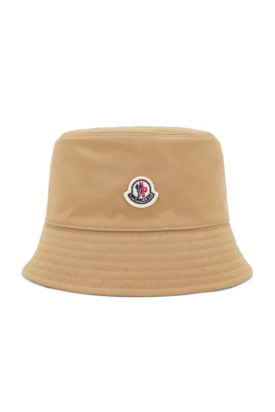 Moncler Logo Bucket Hat With Stitched Brim In Beige