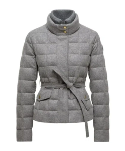 MONCLER BUSSETTES WOOL BLEND BELTED SHORT DOWN JACKET