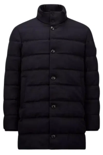 Moncler Vallonpierre Wool Long Down Jacket In Blue