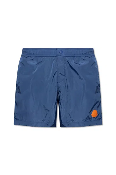 Moncler Button Detailed Logo Patch Swim Shorts In Blue