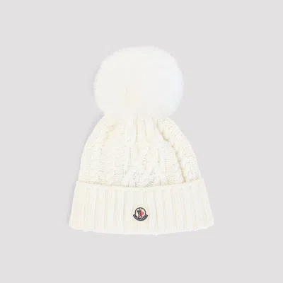 Moncler Cable Knit Beanie With Faux Fur Pom Pom In White