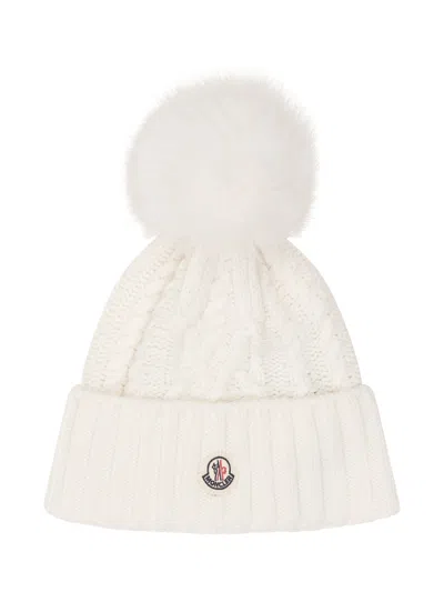 Moncler Cable Knit Beanie With Fluffy Pom-pom In White