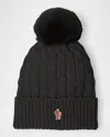 Moncler Cable-knit Beanie With Fur Pom In Black