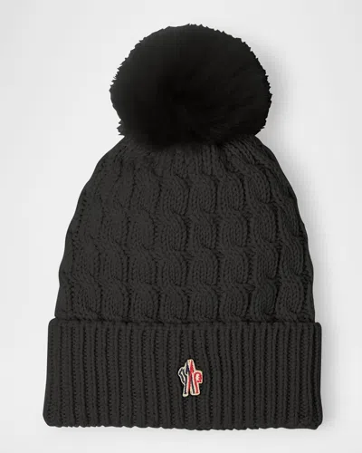 Moncler Cable-knit Beanie With Fur Pom In Black