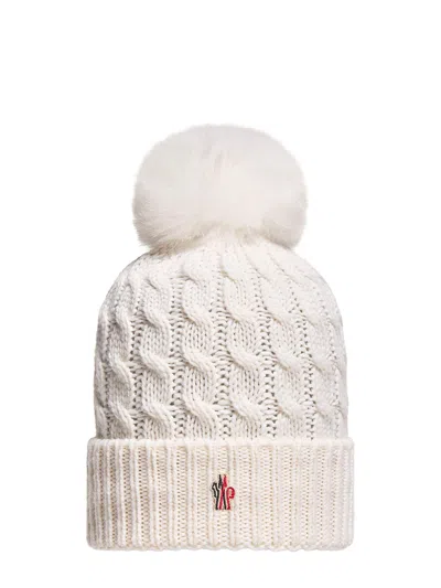 Moncler Cable Knit Beanie With Long-haired Sheepskin Pom-pom And Logo Patch In Purple