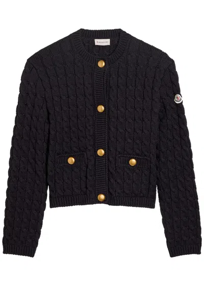 Moncler Cable-knit Cotton-blend Cardigan In Blue