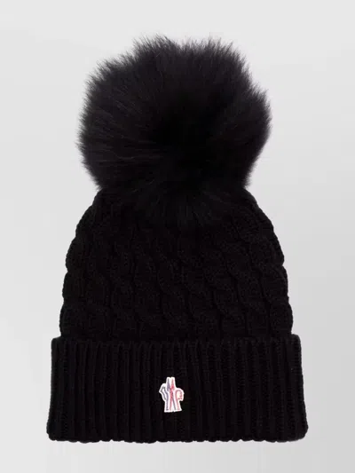 Moncler Cable Knit Hat With A Pom Pom In Black