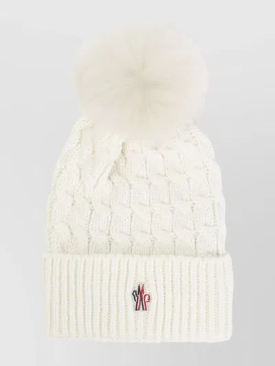 Moncler Cable Knit Hat With Folded Brim And Pom-pom In White