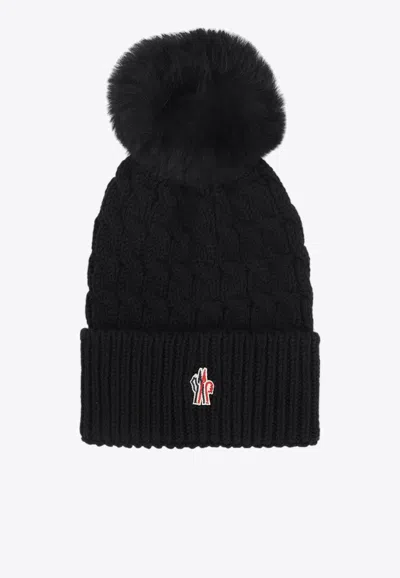 Moncler Cable Knit Logo Pom Pom Beanie In Black