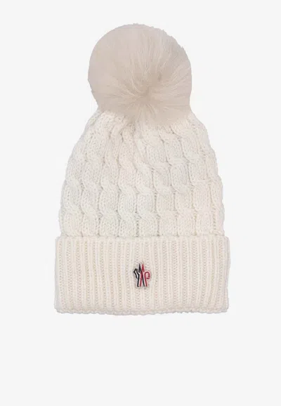Moncler Cable Knit Logo Pom Pom Beanie In White