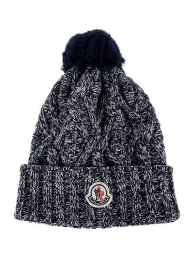 Pre-owned Moncler Cable Knit Pom Pom Beanie In Blue/white