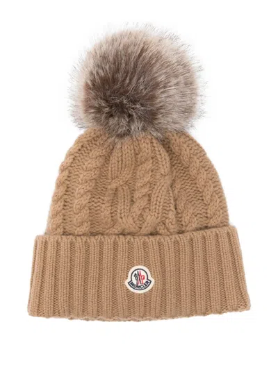 Moncler Cable-knit Pom-pom Beanie In Brown