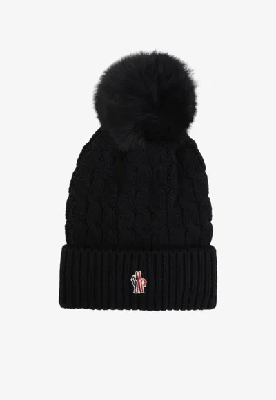 Moncler Cable Knit Pompom Beanie In Black