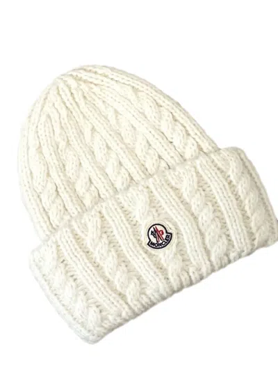 Moncler Cable Knit Wool Blend Beanie Hat In Metallic