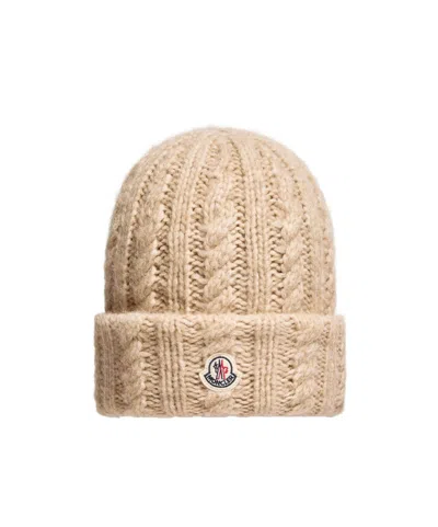 Moncler Cable Knit Wool Blend Beanie In Neutral