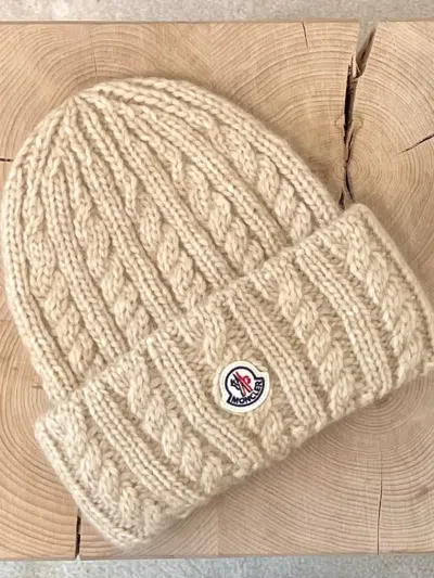 Moncler Cable Knit Wool Blend Beanie In Purple