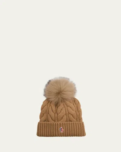 Moncler Cable-knit Wool-cashmere Beanie With Shearling Pom In Green