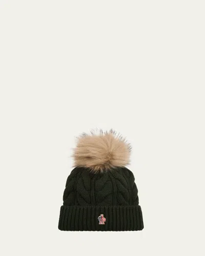 Moncler Cable-knit Wool-cashmere Beanie With Shearling Pom In Green