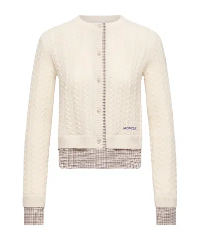 Moncler Cable Knit Wool  Cashmere Blend Cardigan In Neutral