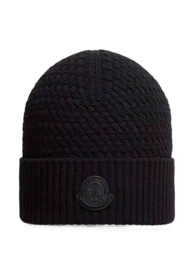 Moncler Cable-knit Logo-patch Beanie Hat In Black