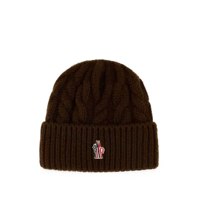 Moncler Cable-knit Logo-patch Beanie Hat In Brown