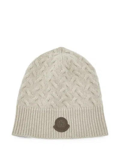 Pre-owned Moncler Cable-knit Logo-patch Beanie Hat In Neutral