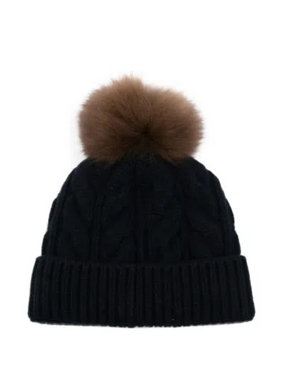 Moncler Cable-knit Pompom Beanie Hat In Brown