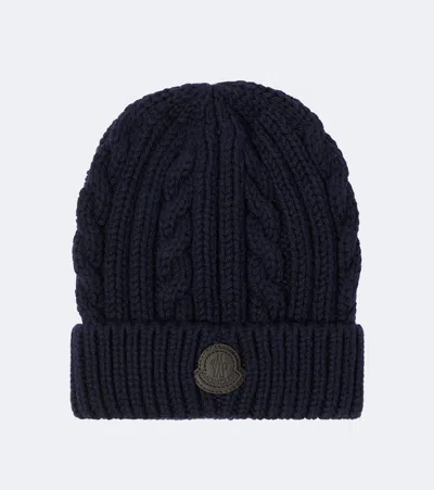 Moncler Cable-knit Virgin Wool Beanie In Blue