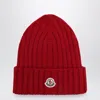 Moncler Cable-knit Wool Beanie With Logo In Burgundy In Red