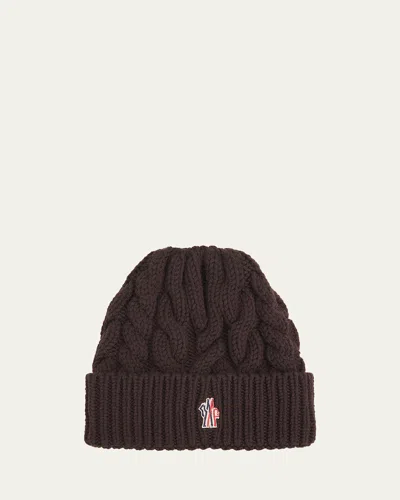 Moncler Cable-knit Wool Logo Beanie In Brown