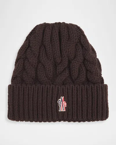 Moncler Cable-knit Wool Logo Beanie In Brown