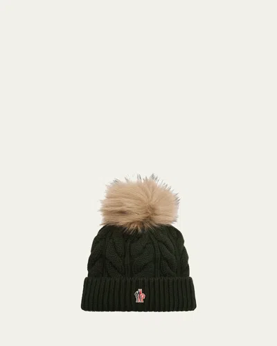 Moncler Cable-knit Wool-cashmere Beanie With Shearling Pom In Olive
