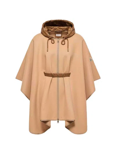 Moncler Camel Cape With Waist Belt And Padded Hood
