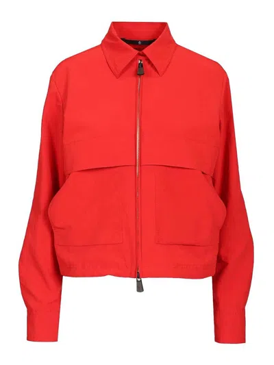 Moncler Canvas Overshirt With Embroidered Logo In Red