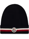 Moncler Tricolor Stripe Ribbed Wool Beanie In Black